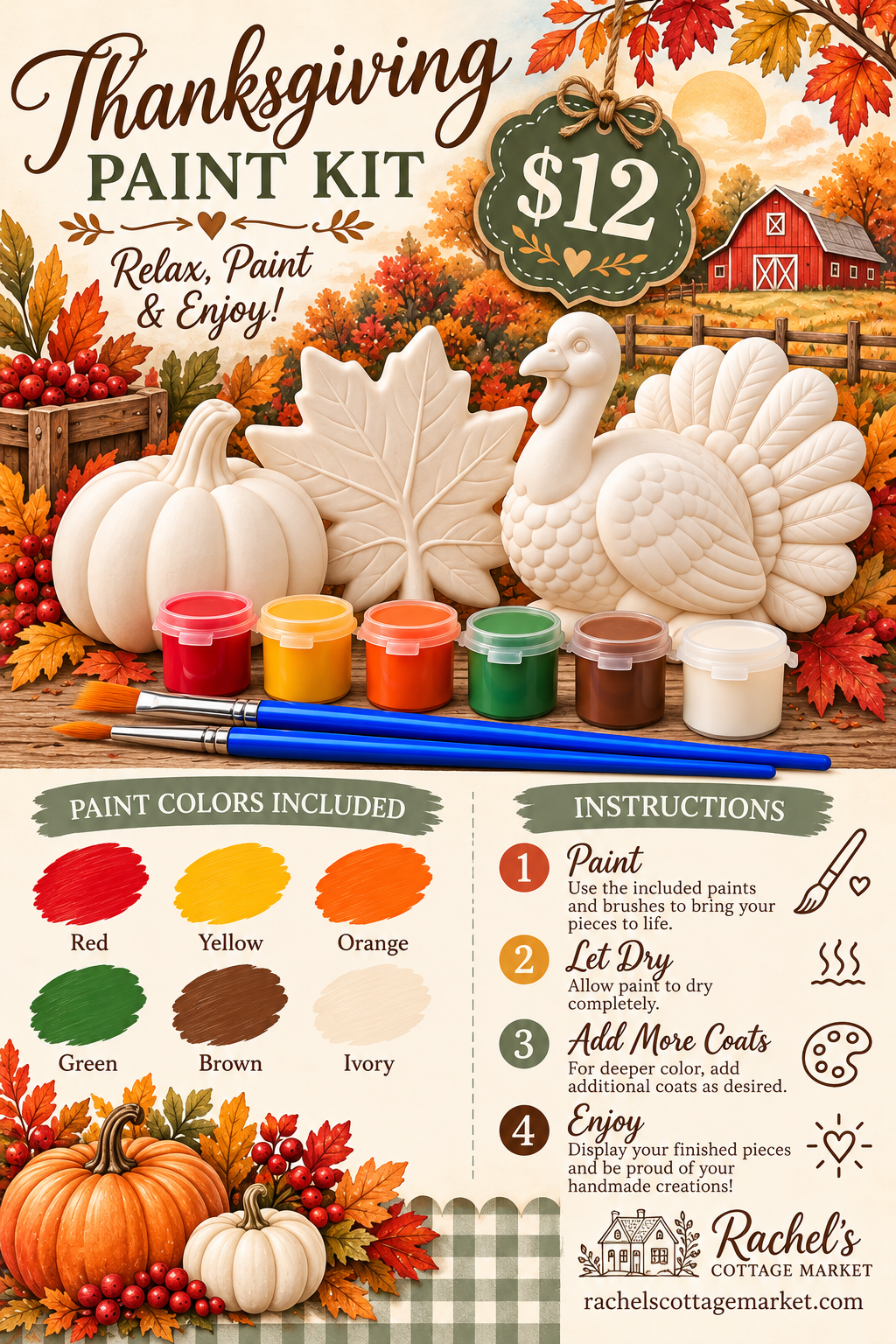 Thanksgiving Paint Kit — Pumpkin, Maple Leaf & Turk